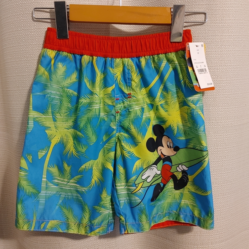 (4/$20) Disney Boys Tropical Mickey Swim Trunks Red, Blue & Green Size 5T, New